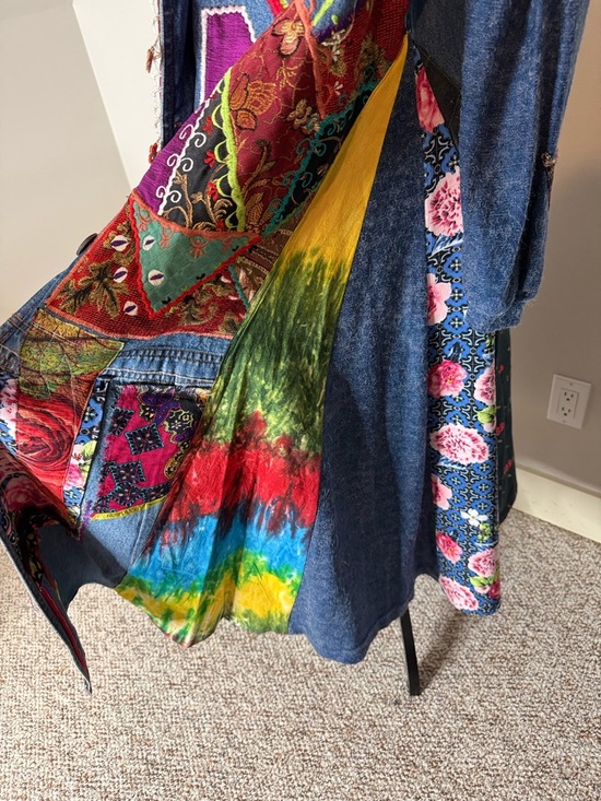 AMBER STUDIOS One Of A Kind Denim Jean Maxi Coat Duster Art To Wear Boho Large - Picture 12 of 16